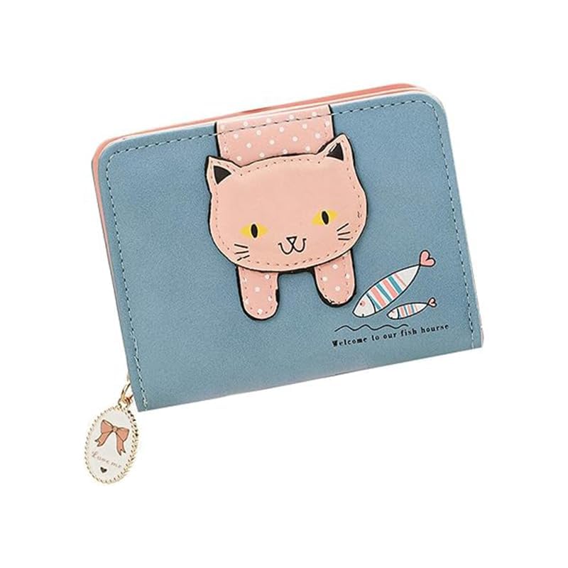 Women's Small Wallet with Cute Cat Pattern – Card Organizer Clutch Purse & Coin Holder (Blue)3