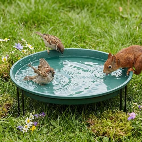 Teecyhooo 14.37“ Ground Level Bird Bath for Outside Floor Standing Large Bird Bath for Patio Garden or Deck Black Steel Wire Stand with Green Color Dish Outdoor Feeder Water Bowl