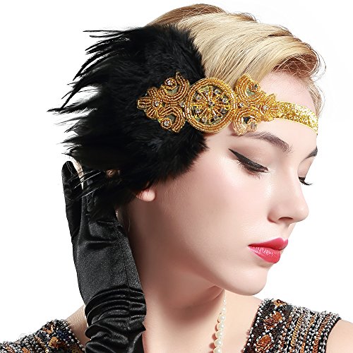 BABEYOND 1920s Flapper Headpiece Roaring 20s Great Gatsby Headband Vintage Feather Headband 1920s Flapper Gatsby Hair Accessories (Gold)