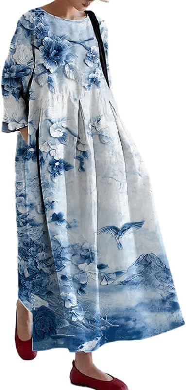 domirica Womens Trendy Sun Dress Plus Size Design Floral Print Vacation Casual Crew Neck Maxi Dress