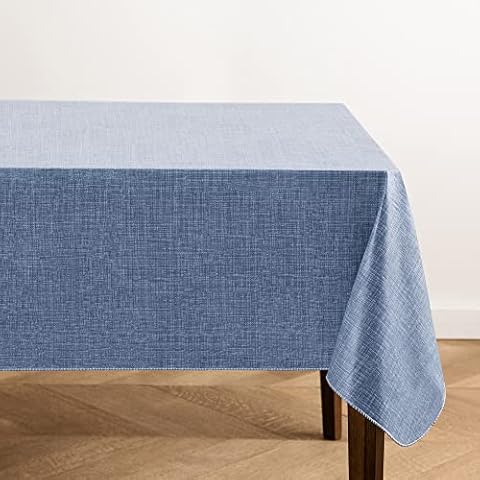 Elrene Home Fashions Monterey Linen Inspired Water- and Stain-Resistant Vinyl Tablecloth with Flannel Backing, 60 inches X 84 inches, Rectangle, Blue Cover