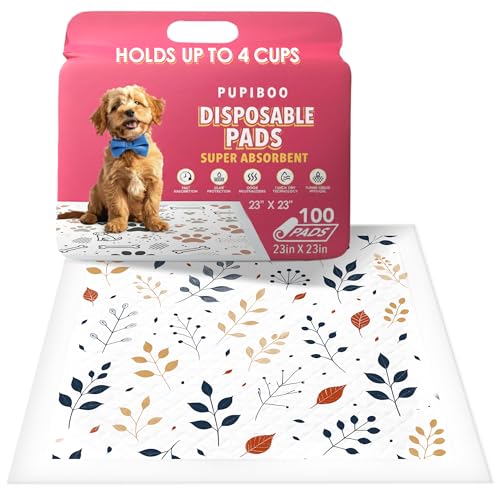Image of Pupiboo Disposable Dog and Cat Training Pads - Leaves Pattern, Highly Absorbent Pee Pads, Leak Proof Backing, Pheromonal Attractant for Housebreaking & Potty Training - 23x23 in (100 Count)
