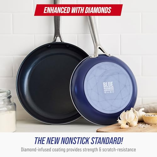 Image of Blue Diamond 9.5 inch and 11 inch Frying Pan Skillet Set, Diamond Infused PFAS & PFOA-Free Ceramic Nonstick Pots & Pans, Durable Non Toxic Metal Utensil Safe & Scratch Resistant, Dishwasher & Oven Safe, Blue