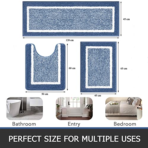 Pauwer Weiche Badezimmerteppich Set 3 Teilig, Mikrofaser Absorbent Badematten und Toilettenmatte Flauschiger Badvorleger rutschfest Waschbar WC Vorleger mit Ausschnitt, Blau – Bild 3