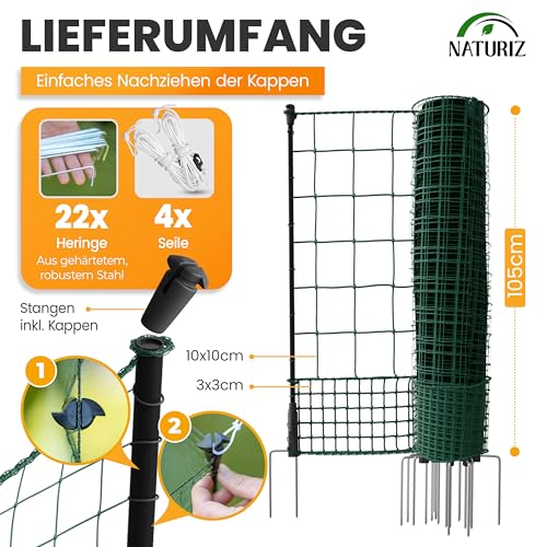 NATURIZ® Weidezaun 105cm hoch - mobiler Hundezaun & Hühnerzaun extrem stabil, Camping Zaun für Hunde ohne Strom, Begrenzungszaun, Gartenzaun, Steckzaun, Geflügelnetz (15m)