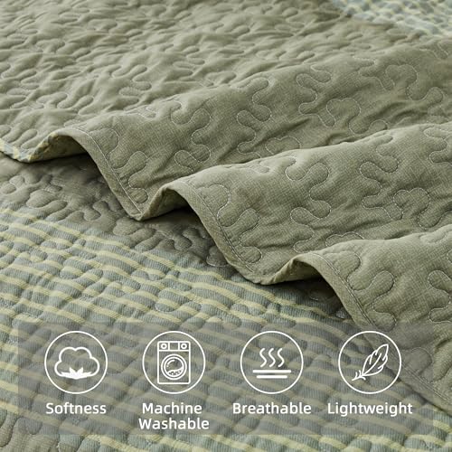 Image of Andency King Size Quilt Set Weat Green, 3 Pieces Summer Ultra Soft Lightweight Bedspreads & Coverlets Set, Patchwork Striped Quilted Bedding Sets for All Seasons (1 Quilt, 2 Pillow Shams)