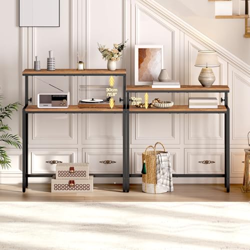 Image of HOOBRO Narrow Console Table with Adjustable Height (31.5 inch-37.4 inch), Set of 2 High Entryway Table, Skinny Behind Couch Table with 2 Tier Shelf, Sofa Table for Hallway, Rustic Brown and Black BF96XGP201