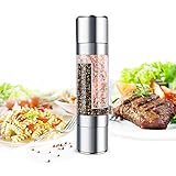 Stainless Steel Salt and Pepper Grinder - Mixoo 2 in 1 Manual Salt & Pepper Mill Shakers Refillable with Dual Adjustable Coarseness and Clear Acrylic Body