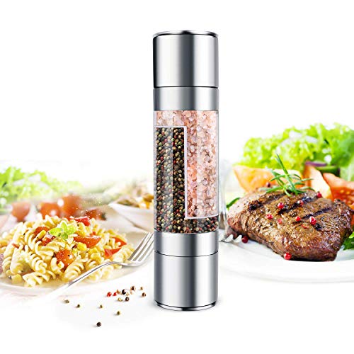 Stainless Steel Salt and Pepper Grinder - Mixoo 2 in 1 Manual Salt & Pepper Mill Shakers Refillable with Dual Adjustable Coarseness and Clear Acrylic Body