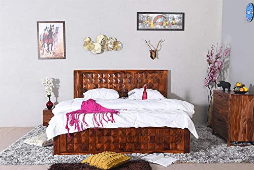Image of Sheesham Wood Queen Size Bed with Front Opening Box Storage for Bedroom Living Room Home Hotel Wooden Double Bed Cot Palang Furniture (Honey Finish) - 1 Year Warranty