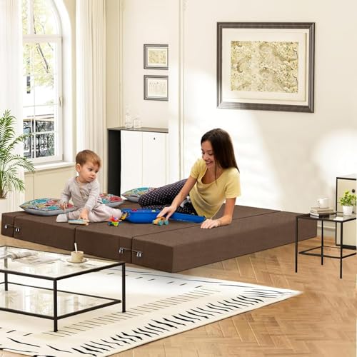 Image of Rosebell 3 Seater Foldable Sofa Cum Bed | 5x6 feet Jute Fabric with Washable Cover & 3 Printed Cushion | Multipurpose Sofa Bed for Living Room - Brown Color