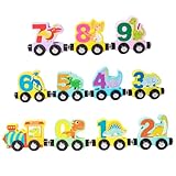 NIAWEA Tren Magnetico, 11pzs Juego de Tren Magnético de Madera, con Patrones de Dinosaurios, Animales y Digitales, 360° Redondeado y Sin Rebabas, Regalo de Cumpleaños, Regalo de Navidad