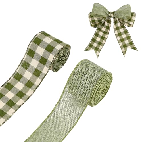 letsinstyle 2 Rolls Sage Green Burlap Wired Ribbon 10 Yards Buffalo Plaid Wired Edge Ribbons 2.5 Inch Fabric Ribbons for Fall Wreath Wedding Christmas Wrapping and Home Decoration