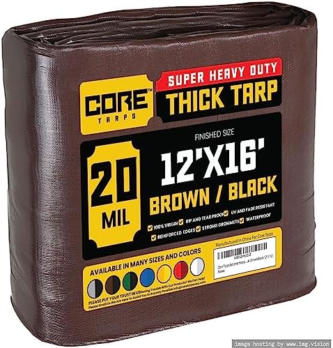 Core Tarps Extreme Heavy Duty 20 Mil Tarp Cover, Waterproof, UV Resistant, Rip and Tear Proof, Poly Tarpaulin with Reinforced Edges for Roof, Patio, Pool, Boat (Brown/Black 12′ X 16′)