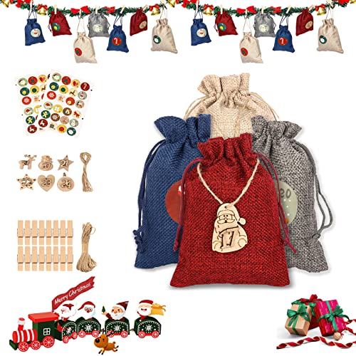 Calendrier de l'avent Sac de Noël,24 Sac Toile De Jute Sac en Jute Sachets en Tissu à Remplir Sachet Lin Bijoux Petit Sachet Tissu tpour Noël Compte à Rebours Pendentifs Décorations, avecCorde, Clips Cover