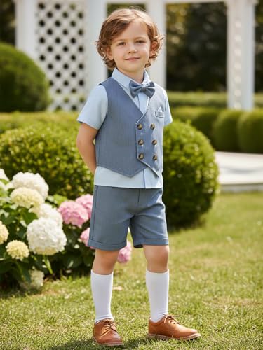 Image of Boarnseorl Baby Boys Shorts Sets, Infant Shirt+Shorts+Bow Tie+Vest,Toddler Gentleman Outfits Suits