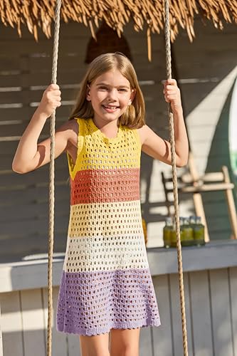 Image of Haloumoning Girls Color Block Crochet Knit Swim Cover up Kids Summer Sleeveless Beach Dress 5-14 Years