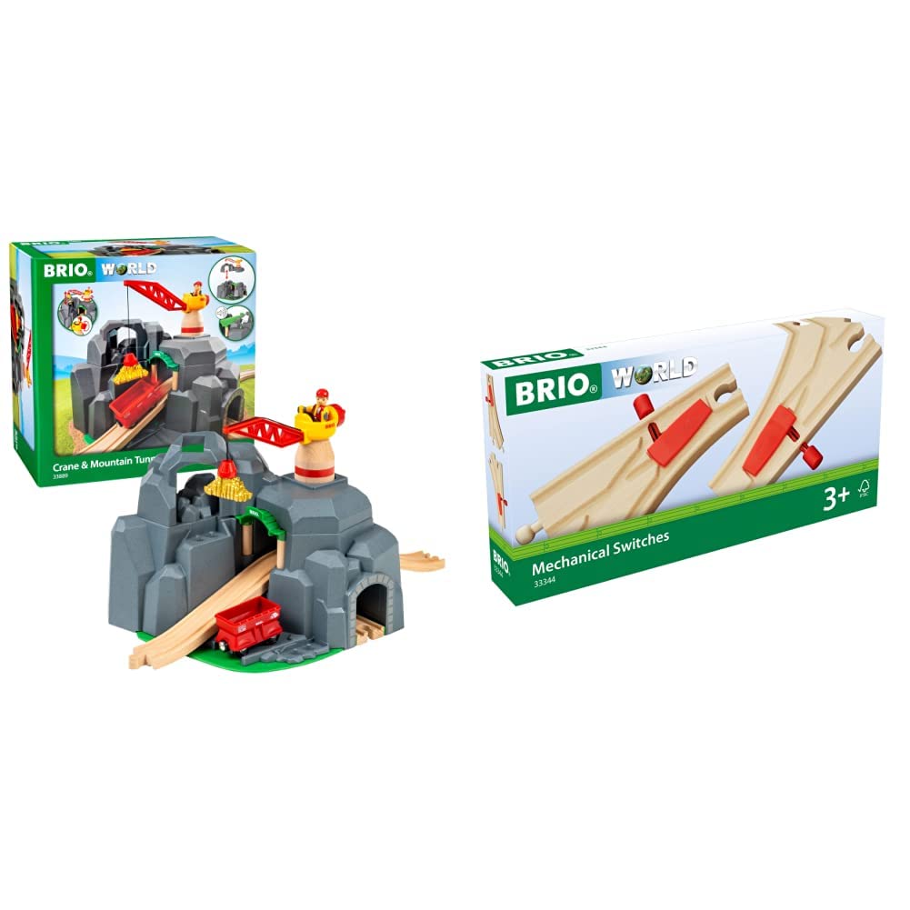 BRIO World 33889 Große Goldmine mit Sound-Tunnel - Zubehör Holzeisenbahn - Kleinkinderspielzeug empfohlen für Kinder ab 3 Jahren & Bahn 33344 - Mech. Weichenpaar (L1/M1)