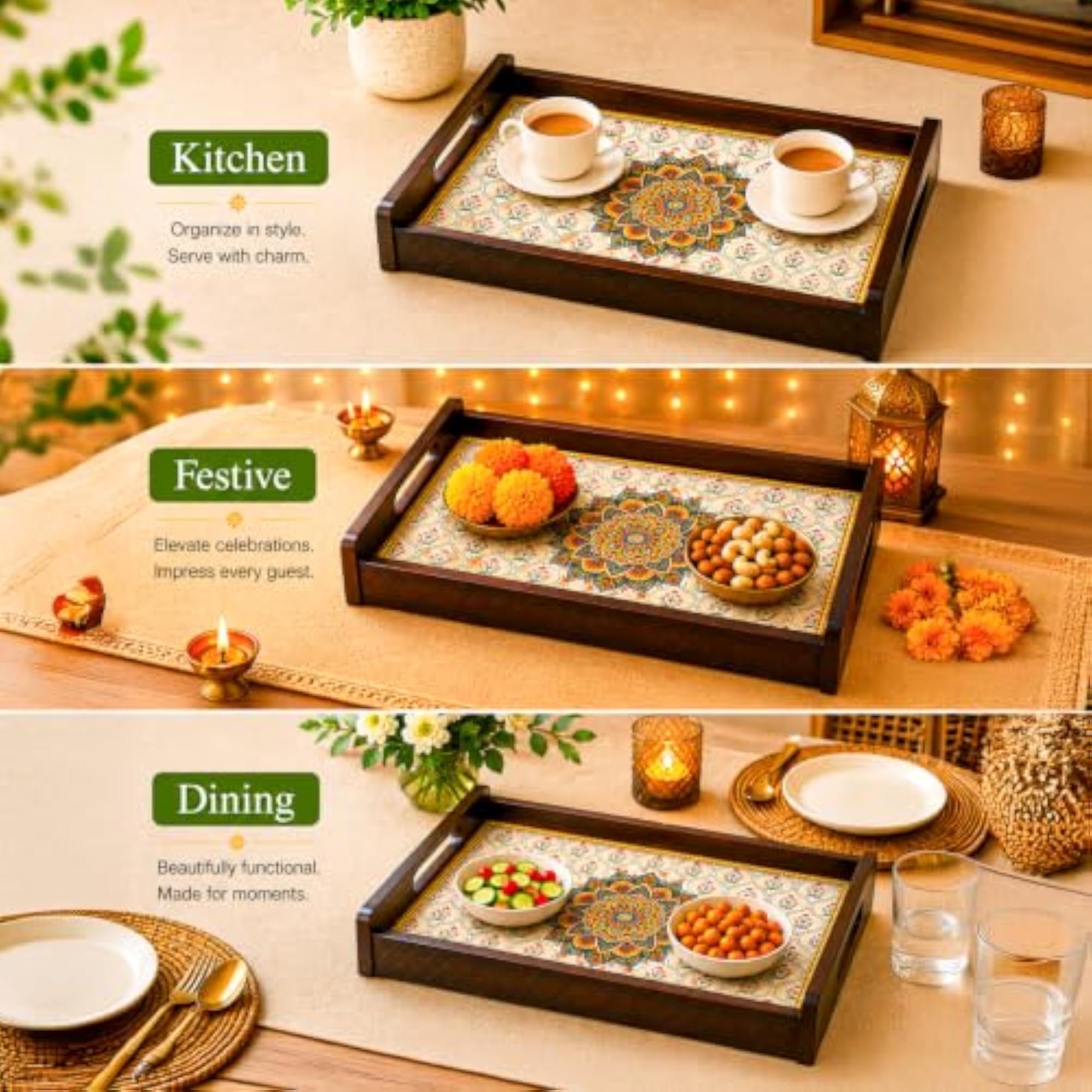 Large Mandala Floral MDF Serving Tray, Brown Multicolour
