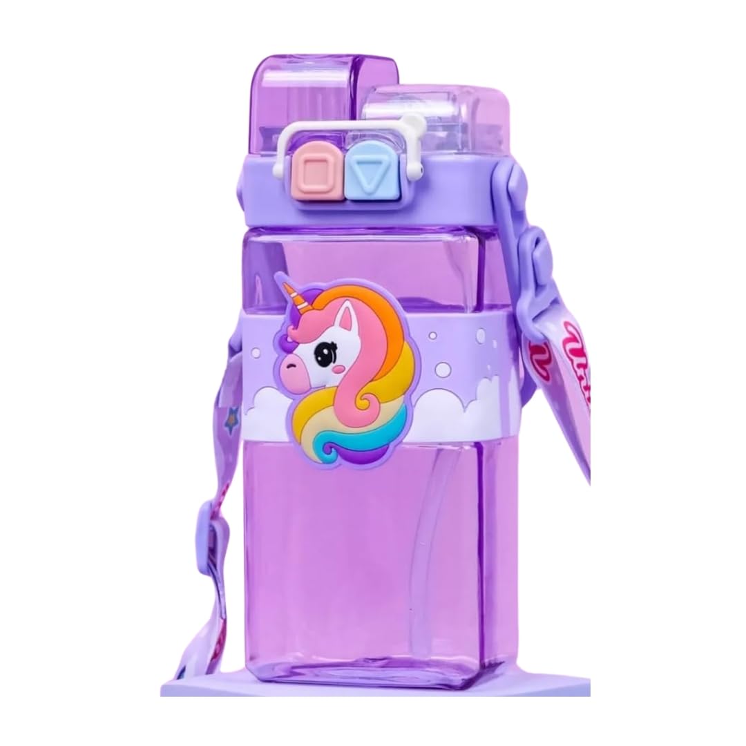 PLUSPOINT Trendy Water Bottle for Kids with Carry Strap to Hang Double drinking Caps Sipper Bottle with Straw & Wide Mouth Leakproof, BPA Free Tritan Water Bottle for School Kids 520ML (Purple)-image-3