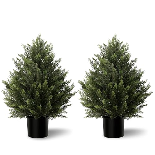 Artificial Topiary Cedar Trees 2FT Tall 2 Set, Outdoor Indoor Faux Pine Shrubs Plants, Realistic Fake Plants Front Porch Decor, Artificial Bushes Cypress for Home Front Door Offices