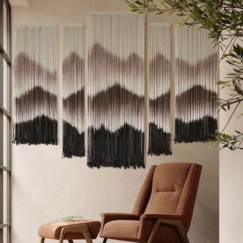 Image of IOWER Large Macrame Wall Hanging Mountain Handmade Brown Dip-Dyed Boho Wall Decor 5Pcs Art Wall Decor for Bedroom Living Room Fiber Art Tapestry