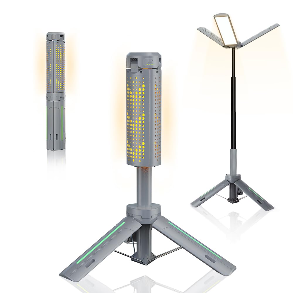 Rechargeable 8000mAh Camping and Work Light with Adjustable Stand 3.4 ft, 3000 Lumen Cordless Work Light Featuring 3 Adjustable Heads, Dimmable Emergency Flashlight with Telescopic Tripod