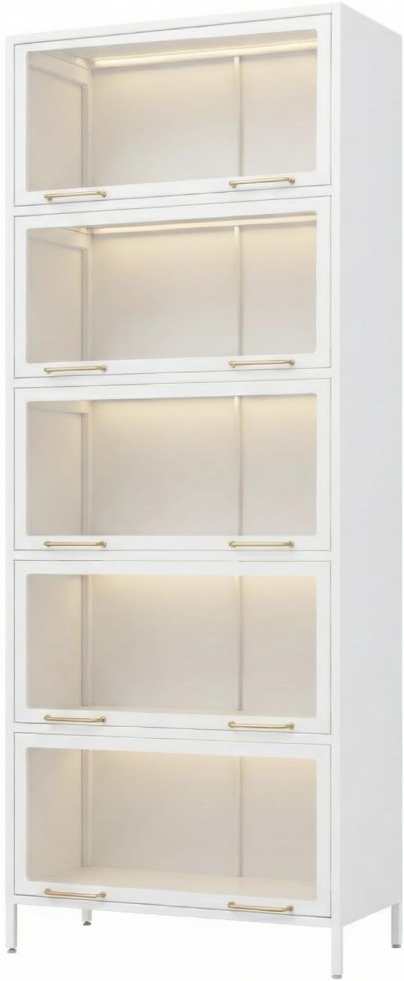 76.75'' Tall Iron Display Cabinet with Glass Doors, 5-Tier Steel Barister Bookcase with LED Lights for Collectibles, Modern Style Curio Cabinet for Home Living Room Office Study & Playroom - White