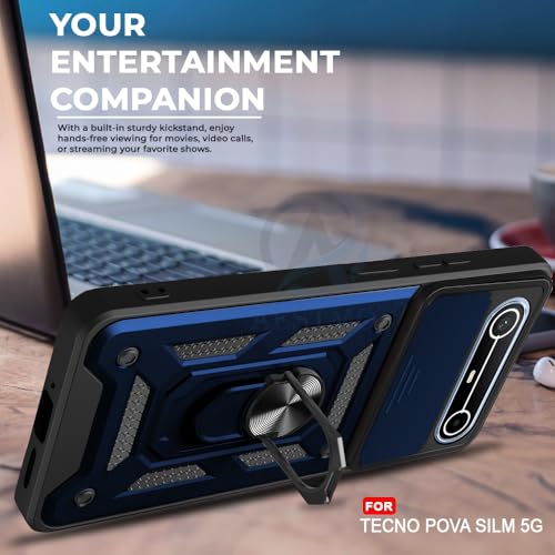 Image of AESTMO Tough Armor Tecno Pova Slim 5G Bumper Back Case Cover | Ring Holder & Sliding Camera Shield Cover | 360 Degree Protection Back Case Cover for Tecno Pova Slim 5G (Blue)