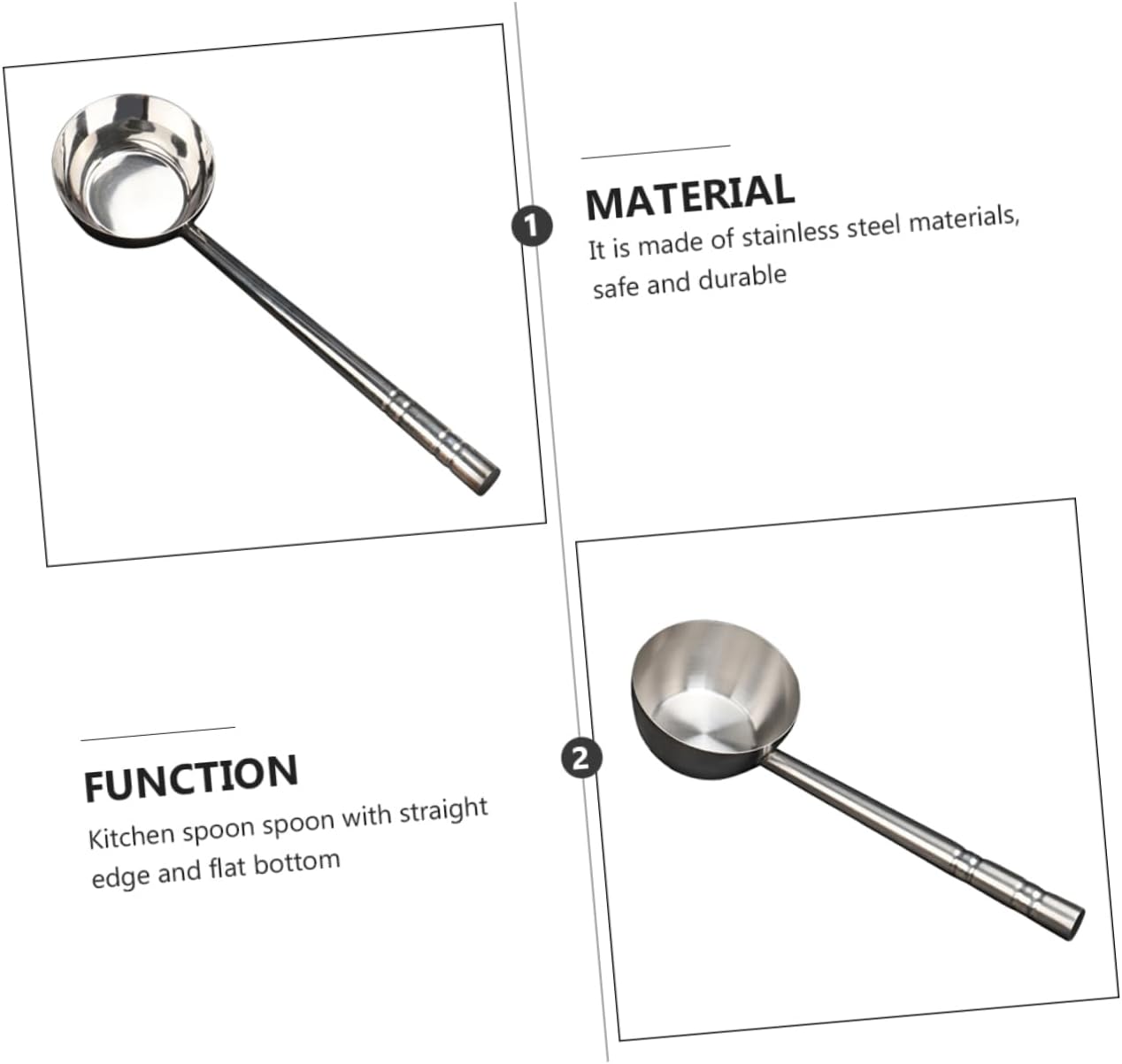 Cabilock Stainless Steel Water Scoop with Flat Bottom Ergonomic Long Handle Multipurpose Kitchen Ladle for Soup and Water Serving Stable Design