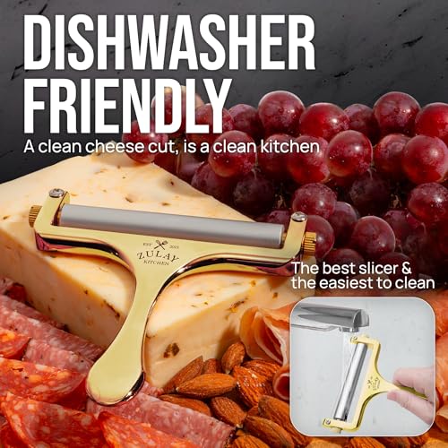 Image of Zulay Kitchen Cheese Slicer With Adjustable Thickness - Heavy Duty Block Slicer with 2 Extra Wires - Ideal for Mozzarella, Cheddar, Gouda - Gold