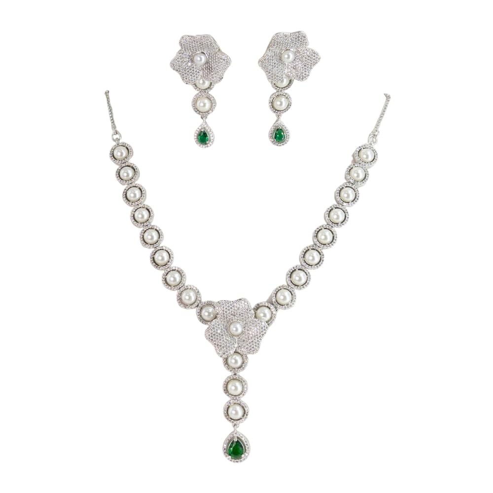 JEWELLERY ZE Layer Diamond Necklace Long Jewellery Set with Earrings for Women Designer Fancy Rhodium Plated Wedding Party Jewelry Sets (White Pearl) (B0D9K3BYTN) Amazon Price History, Amazon Price Tracker