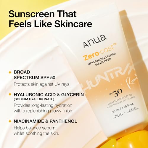 Image of Anua, Zero-Cast Moisturizing Sunscreen SPF 50, Glow Natural Sunscreen for face, No White Cast, Hyaluronic Acid, Niacinamide, Oil-Free, KPop Demon Hunters, Korean Skincare, 1.69 fl oz