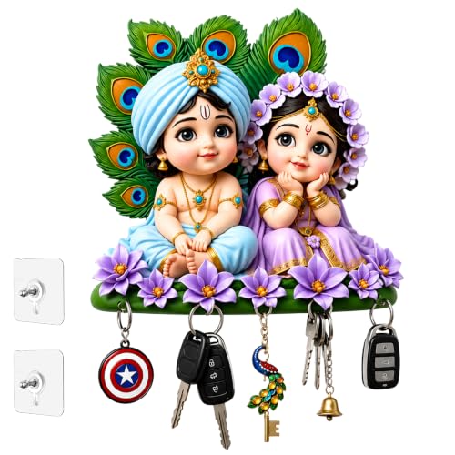 Image of Webelkart Premium Cute Radha Krishna Key Holder for Home /Office Decor | 3D UV Printed Wooden Key Hanger Decorative Key Chain Holder (10 x 10 Inches (Multi)
