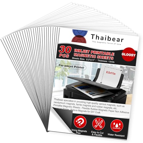 Thaibear (タイベア) 印刷可能な磁気シート 8.5インチ x 11インチ 30枚パック 光沢マグネットプリンター用紙 インクジェット用 柔軟な磁気プリンター用紙 冷蔵庫用 クラフト - 剥がして貼る磁気テープ用紙