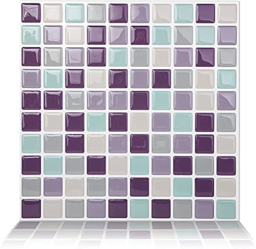 Tic Tac Tiles 25cm x 25cm 5 stück 3D selbstklebende Fliesenaufkleber Mosaik Wandfliesen Küche Spritzschutz Badezimmer - Mosaik Lila Mint (lila Violett Minze) Cover