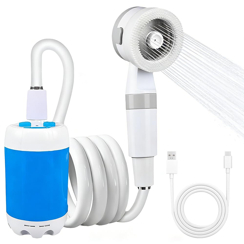 Ducha de camping con bomba, ducha de camping con bomba, ducha de camping portátil con 5000 mAh, manguera de 2 m, carga USB, ducha portátil eléctrica para jardín, viajes, lavado de mascotas