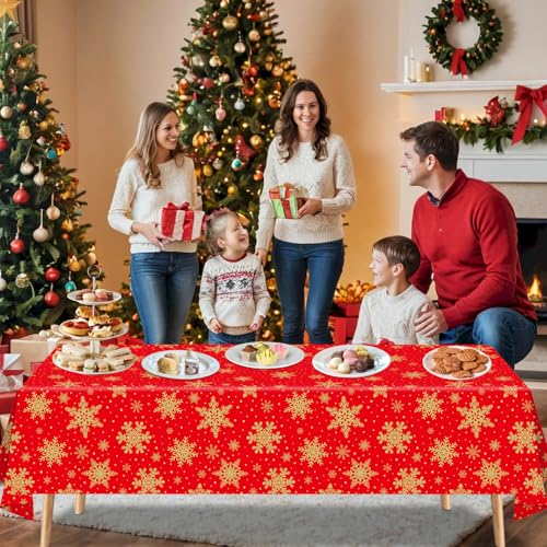 TJYJOY 4 Pack Xmas Tablecloth Christmas Snowflake Table Cloth Golden Snowflake Red Backdrop Table Covers Winter Party Decorations for Winter Christmas Holiday New Year Party Supply 51 x 86 Inch - Image 2