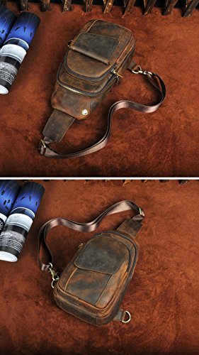 Le'aokuu Men Outdoor Casual Travel Hiking Tea Crossbody Chest Sling Bag Rig One Shoulder Strap Bag Backpack Men Leather (A 8013 Dark Brown) #TOP3