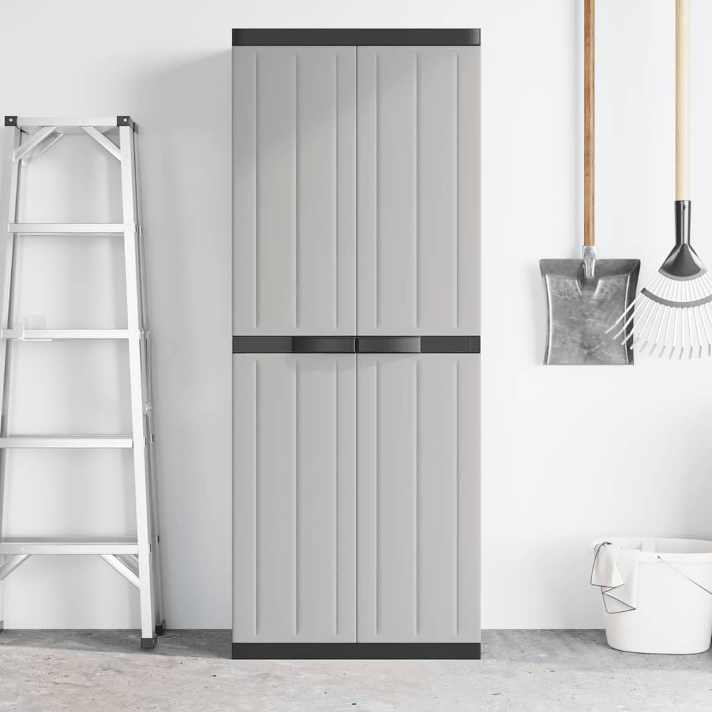 Armario de jardín gris negro de polipropileno, 65 x 37 x 165 cm, con cerradura, armario multiusos con estante para jardín, taller, espacio de almacenamiento