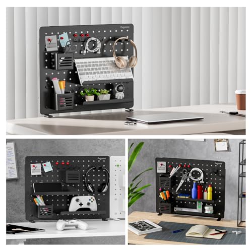 Image of PEGZONE Clamp on Desk Pegboard, 20.4 inch x 16.5 inch, with 15 Accessories, Black | Magnetic Metal Peg Board, Desk Organizer for Office Gaming Home, Privacy Panel, Large