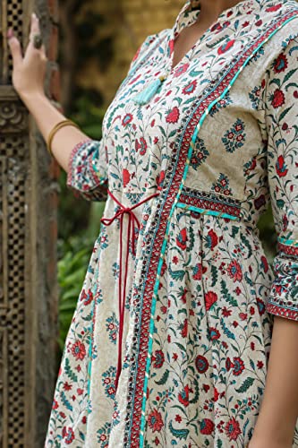 Image of Juniper Beige Floral Printed Pure Cotton Flared Kurta.