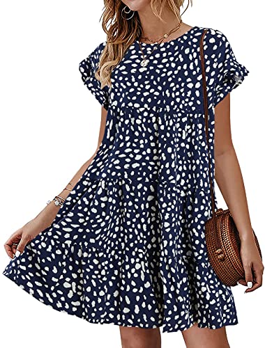 Image of Imysty Womens Boho Floral Ruffle Sleeve Babydoll Loose Flowy Casual Summer Pleated Mini Dress