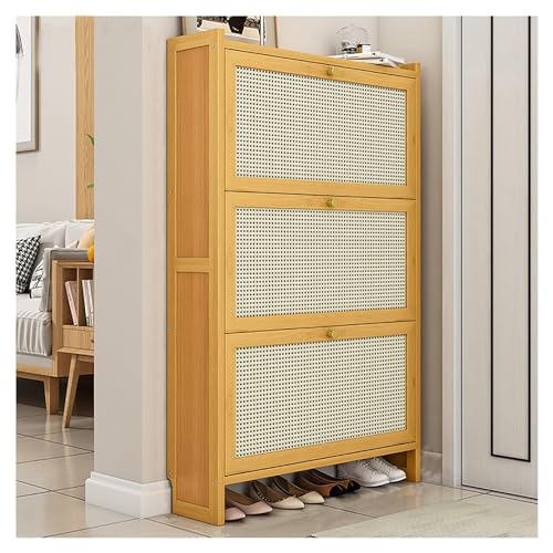 Zapatero de madera de diseño moderno y delgado con puertas, estante independiente para almacenamiento oculto en el pasillo, solución de organización elegante