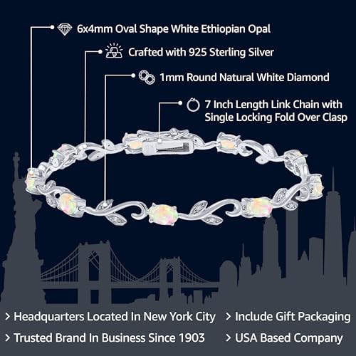 Gem Stone King 925 Sterling Silver Oval White Ethiopian Opal and White Diamond Tennis Bracelet For Women | 2.83 Cttw | Gemstone Birthstone | 7 Inch2