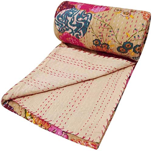Sophia-Art Twin/King Indian Fruit Reversible Bedspread Pattern Gudri Pure Cotton Kantha Style Quilt Floral Fruit Print Decorative Kantha Stitch Quilt (Beige, California King 108 * 108 Inches) #TOP2