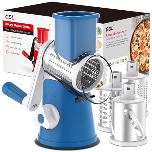 Image of Cheese Grater Rotary, Rotary Grater for Kitchen, Kitchen Grater Vegetable Slicer with 3 Drum Blades, Fast Cutting Cheese Shredder for Vegetables and Nuts
