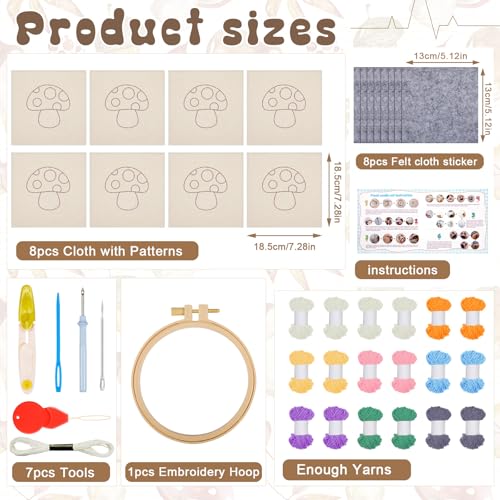 Image of Preboun 8 Pcs Mushroom Punch Needle Coaster Kit, Punch Needle Embroidery Kit for Adults Beginners,DIY Supplies Tufted Coasters Including Yarns Hoop Tools