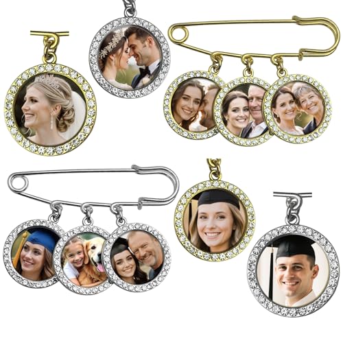 Qina C. Wedding Bouquet Photo Charms Groom Boutonniere Pins For Bride Custom Pins Memorial Gifts Bridal Shower Graduation Bachelor Party Men Women (Silver/Gold-tone: Round Rhinestone Frame w/Photo)