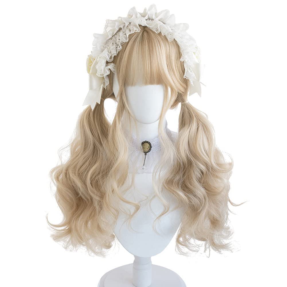 Wudaizhi Girls As Shown Synthetic Ombre Pink Color Lolita Long Wavy Curly Wigs With Bangs Cute Daily Party Cosplay Wig Heat Resistant Fiber